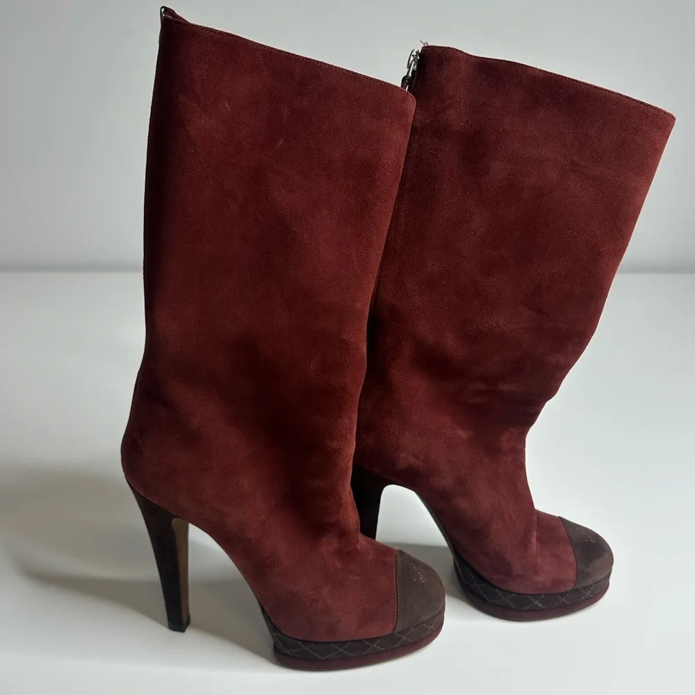 CHANEL Deep Red Suede Heeled Boots